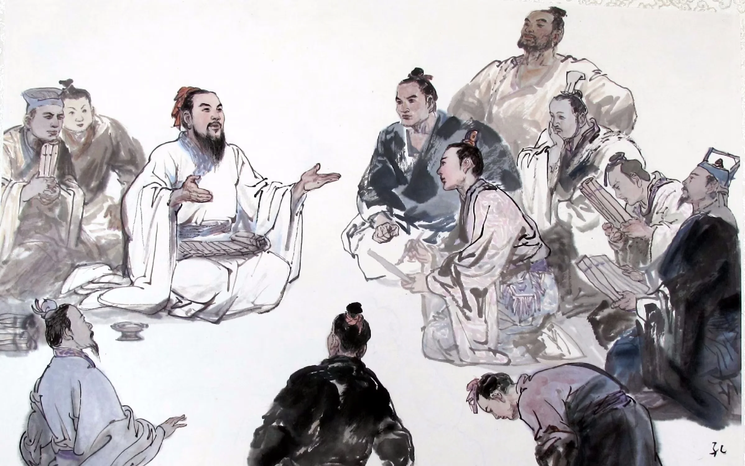 水墨画中，众人围坐听一位长者从容陈说